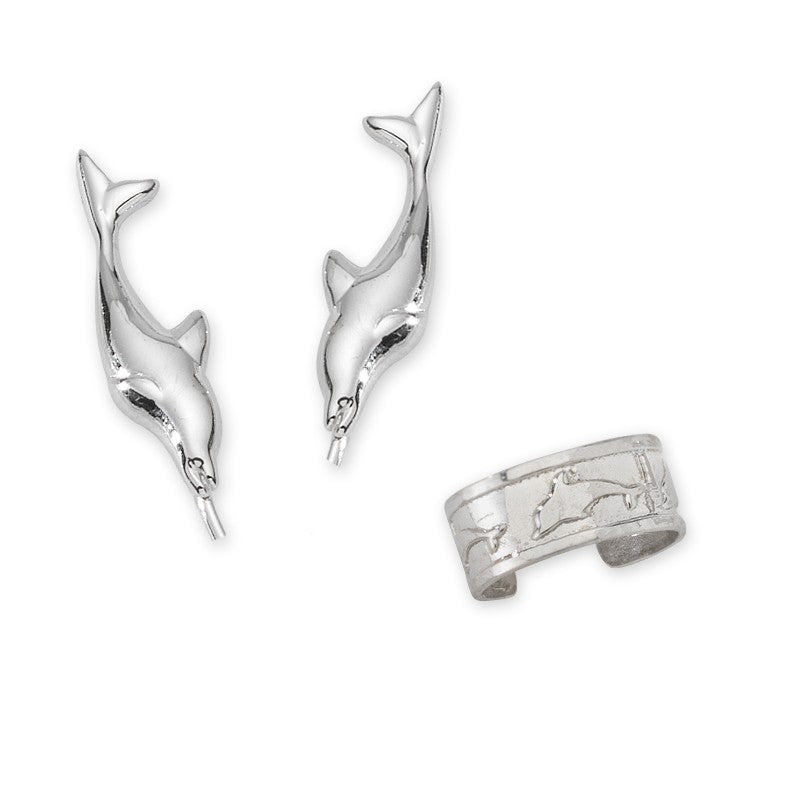 Dolphin Ear Pin Earrings with Dolphin Cuff Earring
