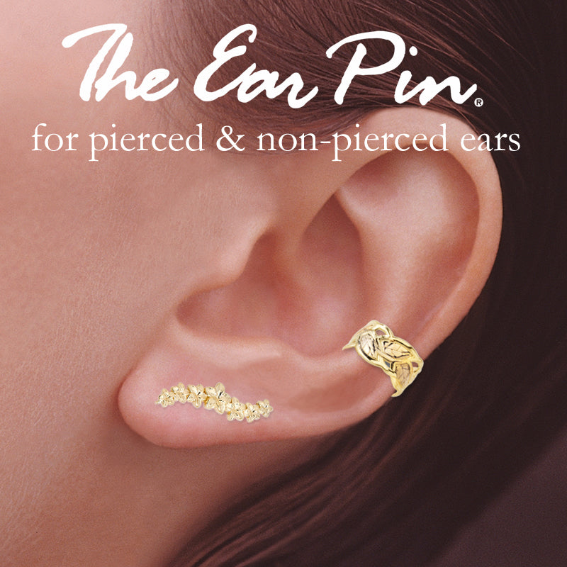 18k Gold Over Silver Plumeria Ear Pin Earrings with Leaf Earcuff Earring