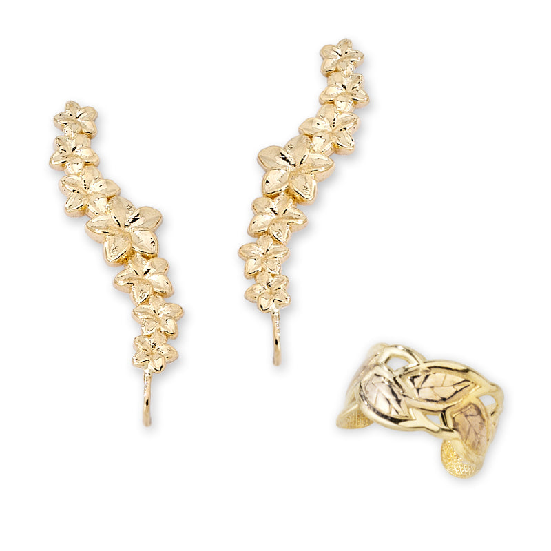 18k Gold Over Silver Plumeria Ear Pin Earrings with Leaf Earcuff Earring