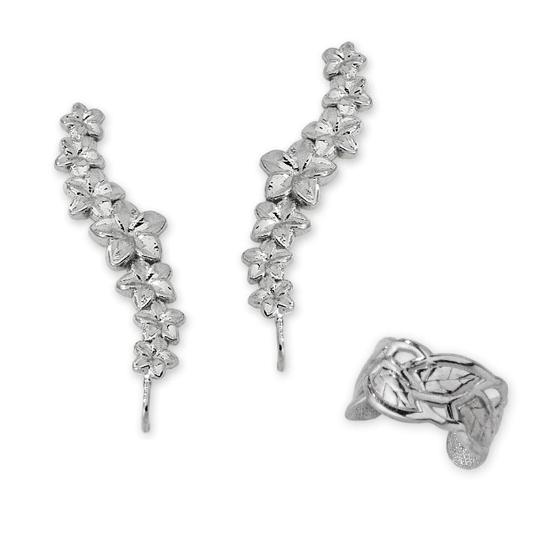 Silver Plumeria Ear Pin Earrings with Leaf Earcuff Earring