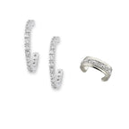 Silver CZ Prong Set Hoop Earrings with CZ Pave Earcuff Earring