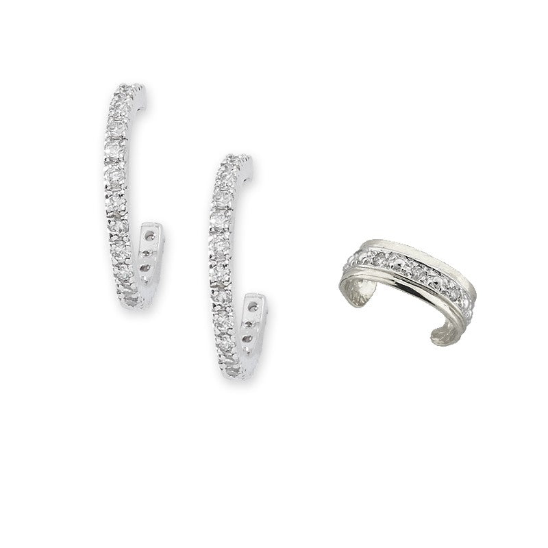 Silver CZ Prong Set Hoop Earrings with CZ Pave Earcuff Earring