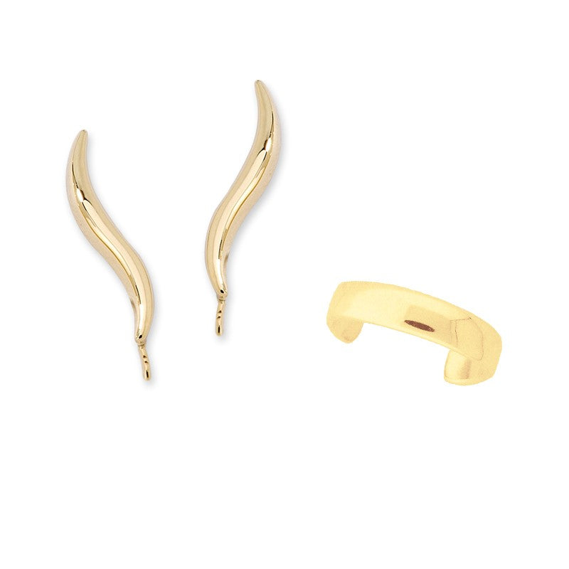 Polished Gold over Silver Ear Pin Earrings with Polished Ear Cuff Earring