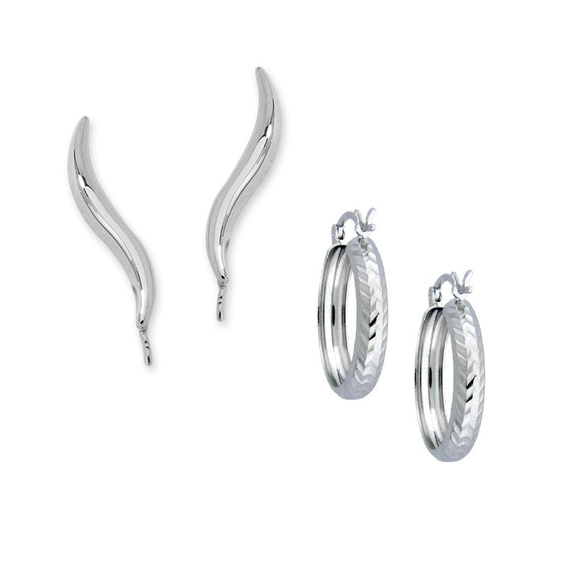 Polished Silver Ear Pin Earrings with Diamond Cut Silver Hoop Earrings