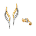 Two Tone Silver Ear Pin Earrings with CZ Gold over Silver Earcuff Earring