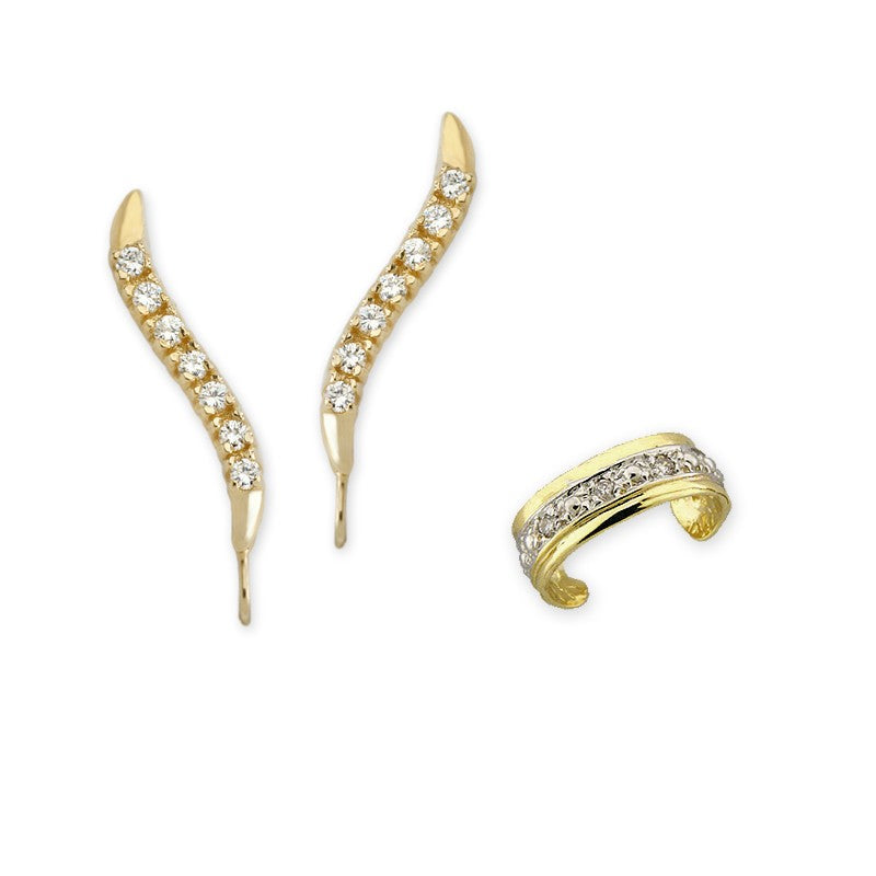 CZ Classic Gold over Silver Ear Pin Earrings with CZ Gold over Silver Earcuff Earring