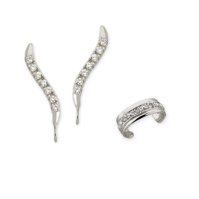 CZ Classic Silver Ear Pin Earrings with CZ Silver Earcuff Earring