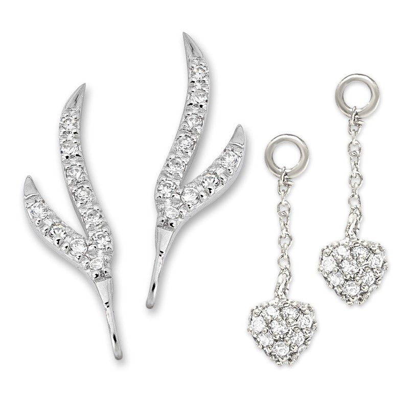 CZ Branches Silver Ear Pin Earrings with CZ Heart Enhance*hers Earrings