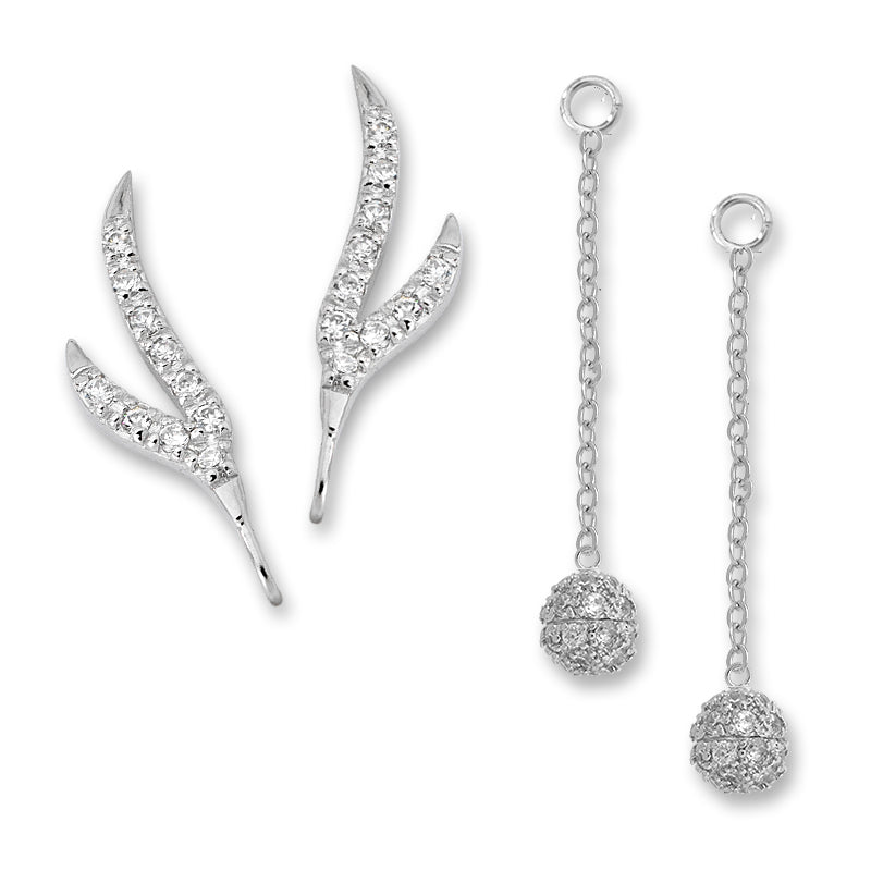 CZ Branches Silver Ear Pin Earrings with CZ Disco Bead Enhancers Earrings