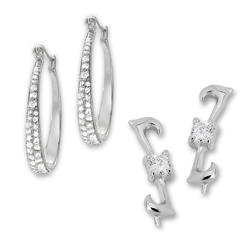 CZ Ear Pin Earrings with CZ Tapered Hoop Earrings