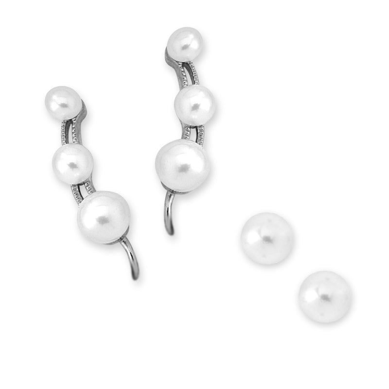 Silver 3-in-1 Pearl Ear Pin Earrings with Pearl Stud Earrings