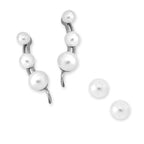 Silver 3-in-1 Pearl Ear Pin Earrings with Pearl Stud Earrings