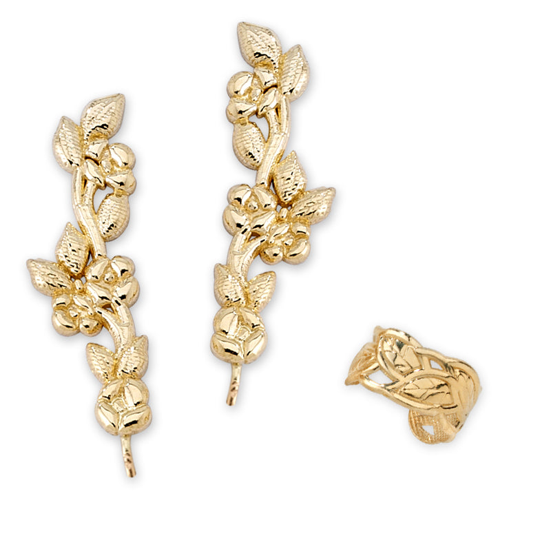 Floral Vine Ear Pin Earrings and Leaf Earcuff Earring