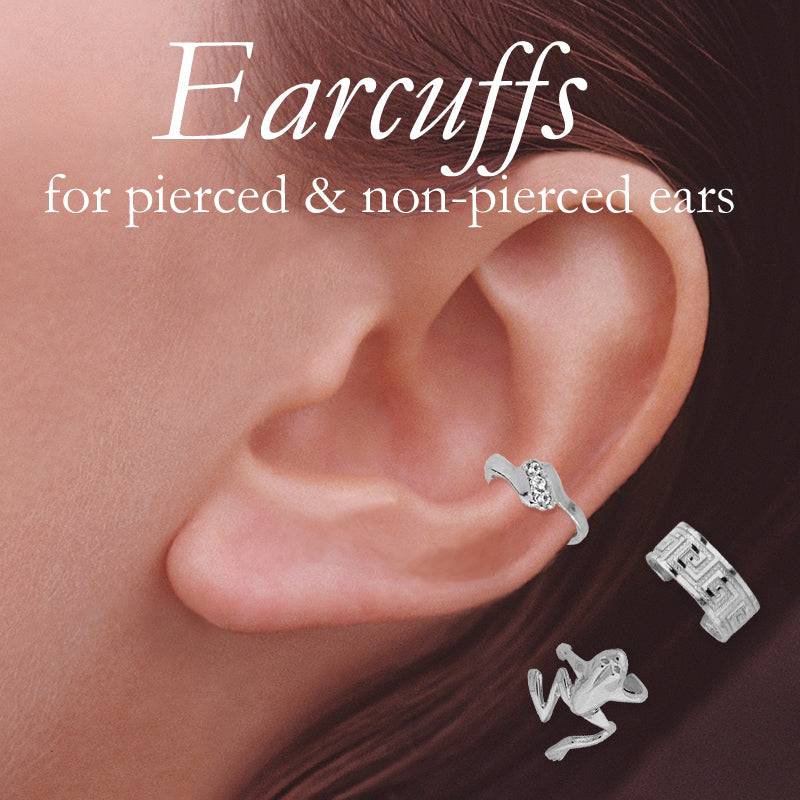 Sterling Silver Greek Key - Cubic Zirconia- Frog Set of 3 Earcuff Earrings