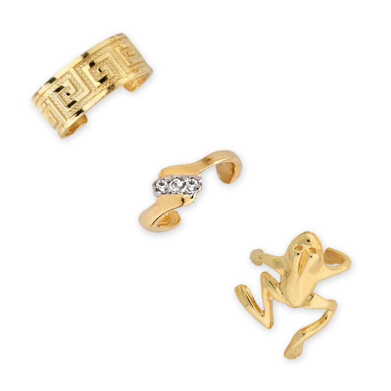 Gold Over Silver Set of 3 Earcuff Earrings Greek Key CZ Frog