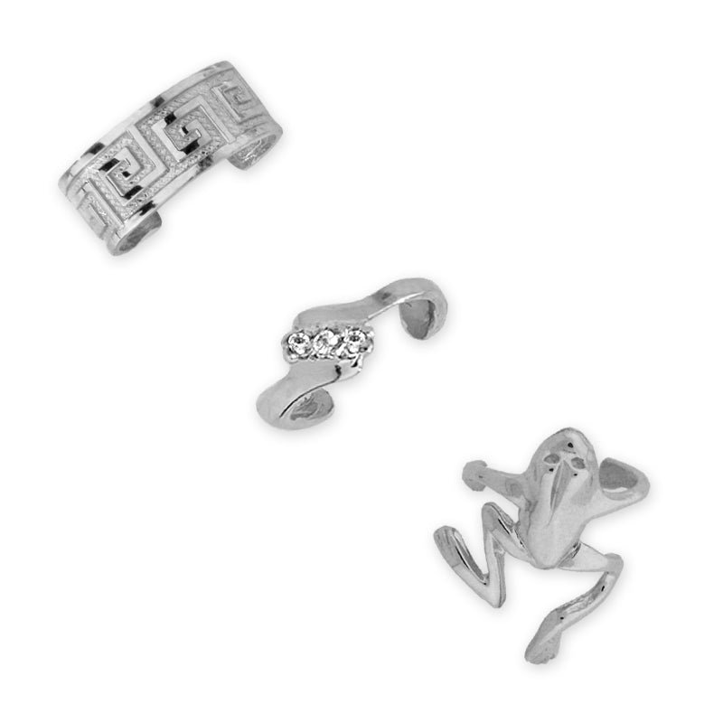 Silver Set of 3 Earcuff Earrings Greek Key CZ Frog