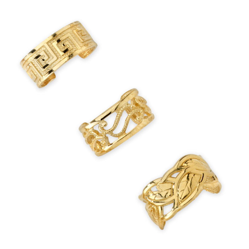 Gold Over Silver Set of 3 Earcuff Earrings Greek Key Filigree Leaves