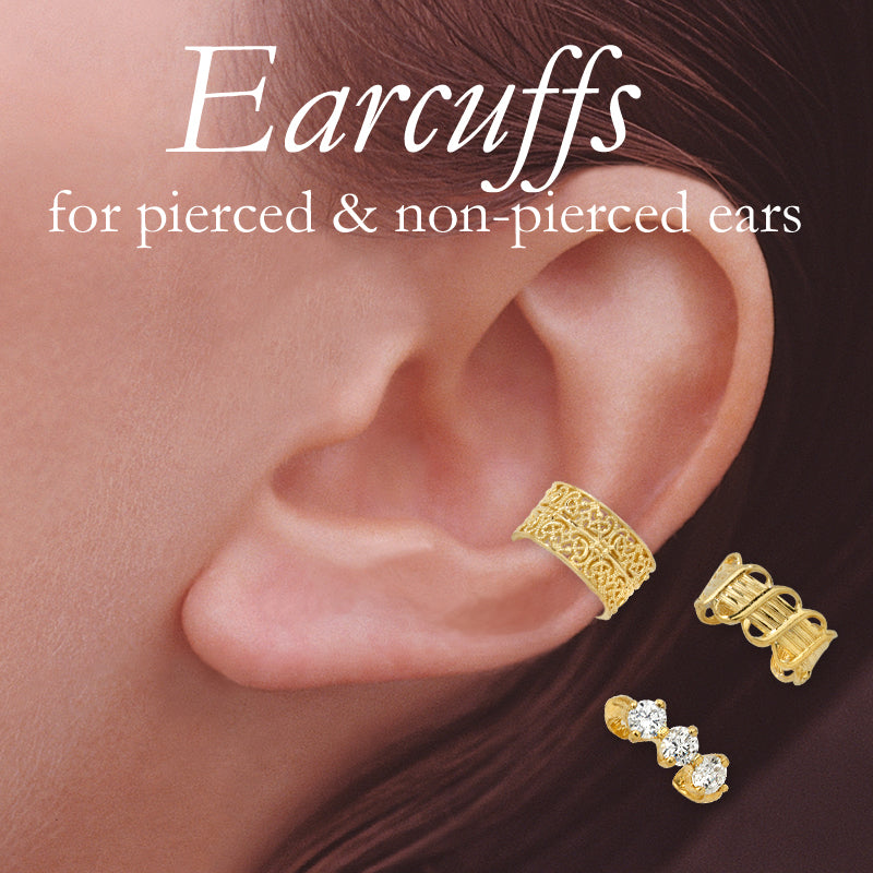 18k Gold Over Silver Filigree- Triple Cubic Zirconia- Crossover Set of 3 Earcuff Earrings