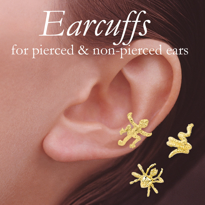 18k Gold Over Silver Gecko-Spider-Snake Set of 3 Creature Earcuff Earrings