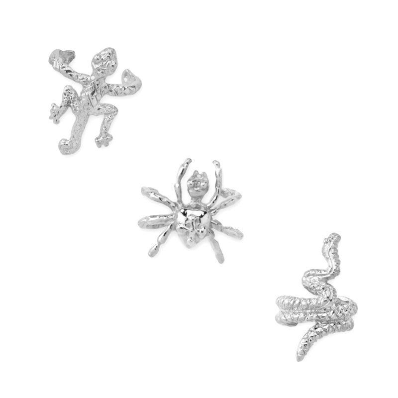 Silver Set of 3 Creature Earcuff Earrings Gecko Spider Snake