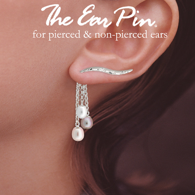 Silver Diamond Cut Ear Pin Earrings with Triple Pearl Enhancers
