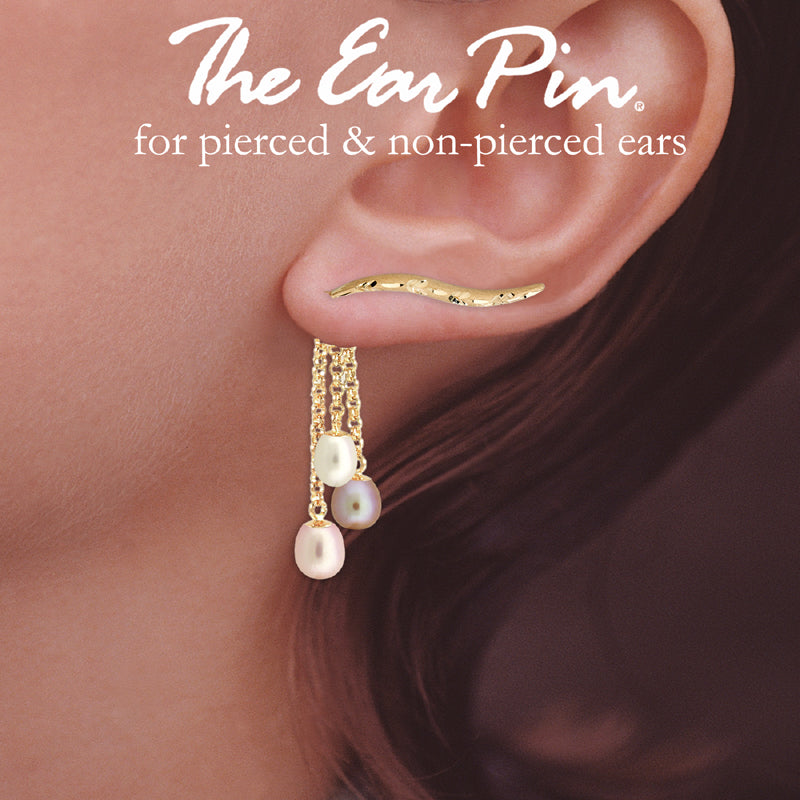 Gold Diamond Cut Ear Pin Earrings with Triple Pearl Enhancers