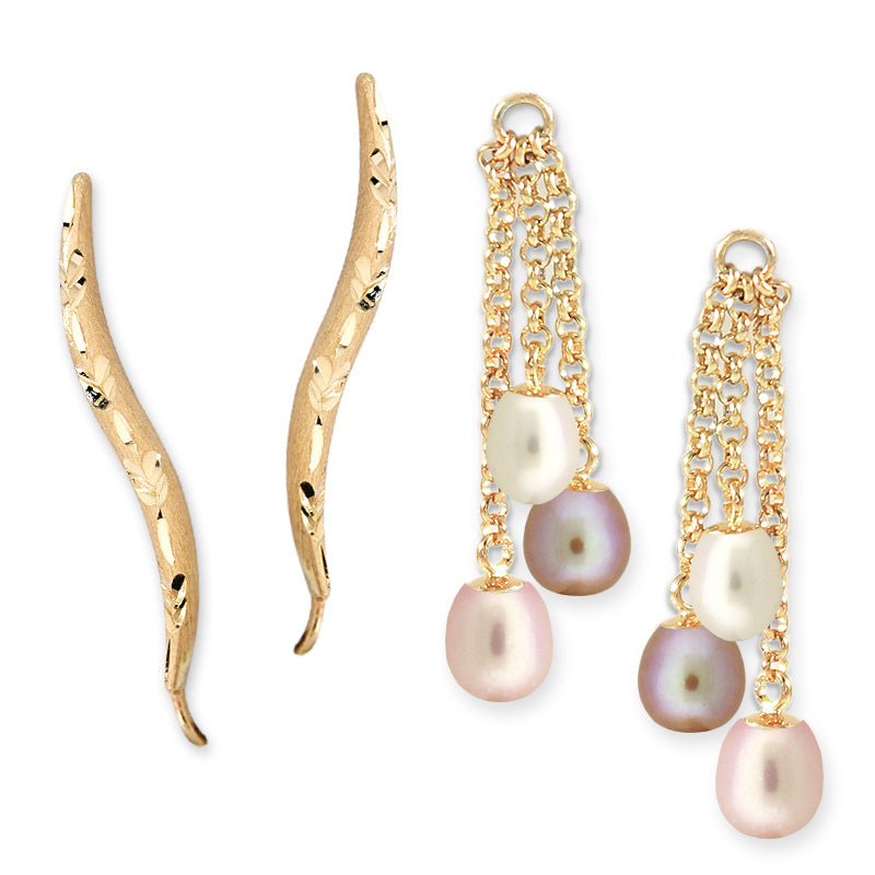 Gold Diamond Cut Ear Pin Earrings with Triple Pearl Enhancers