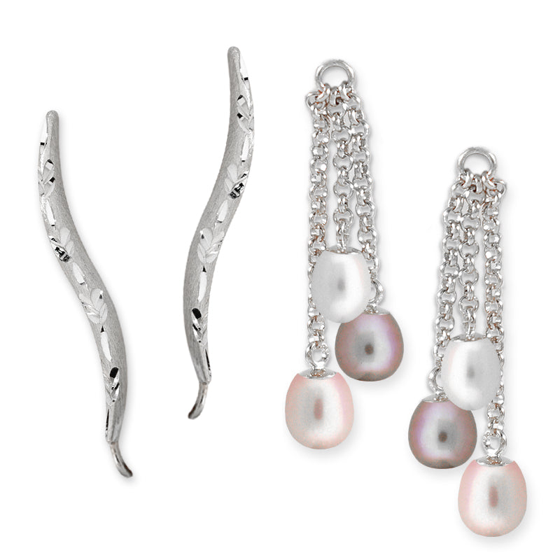 Sterling Silver Diamond Cut Ear Pin Earrings with Triple Pearl Interchangeable Enhancers