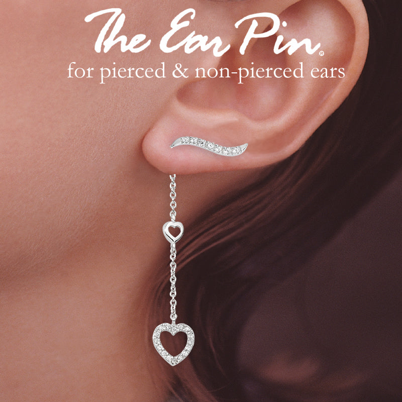 Cubic Zirconia Ear Climber Earrings - Classic Cubic Zirconia Hearts Interchangeable Enhancers - Ear Pin - Silver