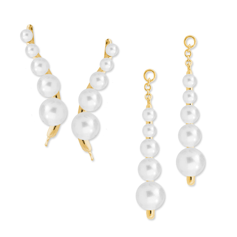 18k Gold Over Silver Graduated Pearl Ear Pin Earrings with Pearl Interchangeable Enhancers