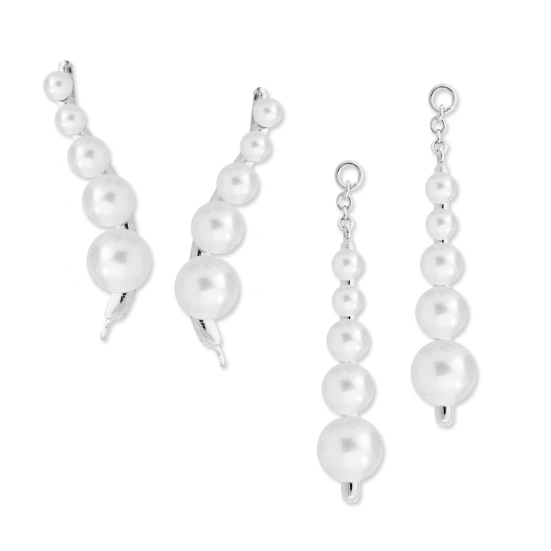 Silver Graduated Pearl Ear Pin Earrings with Pearl Interchangeable Enhancers