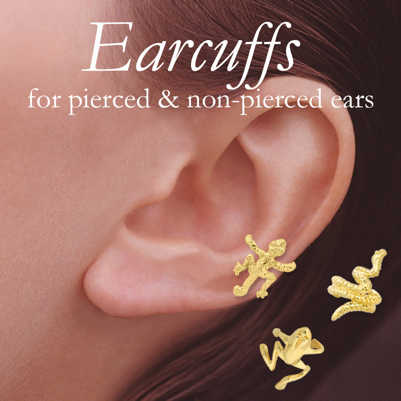 18k Gold Over Silver Gecko-Frog-Snake Set of 3 Creature Earcuff Earrings