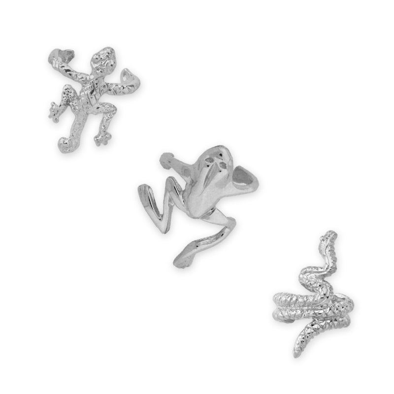 Silver Set of 3 Creature Earcuff Earrings Gecko Frog Snake