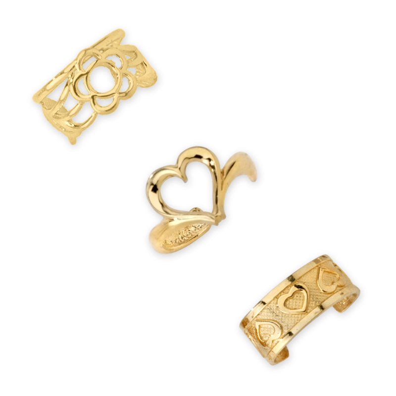 Gold Over Silver Set of 3 Earcuff Earrings Filigree Heart Row of Hearts