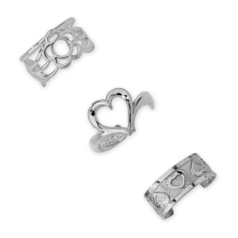 Silver Set of 3 Earcuff Earrings Filigree Heart Row of Hearts