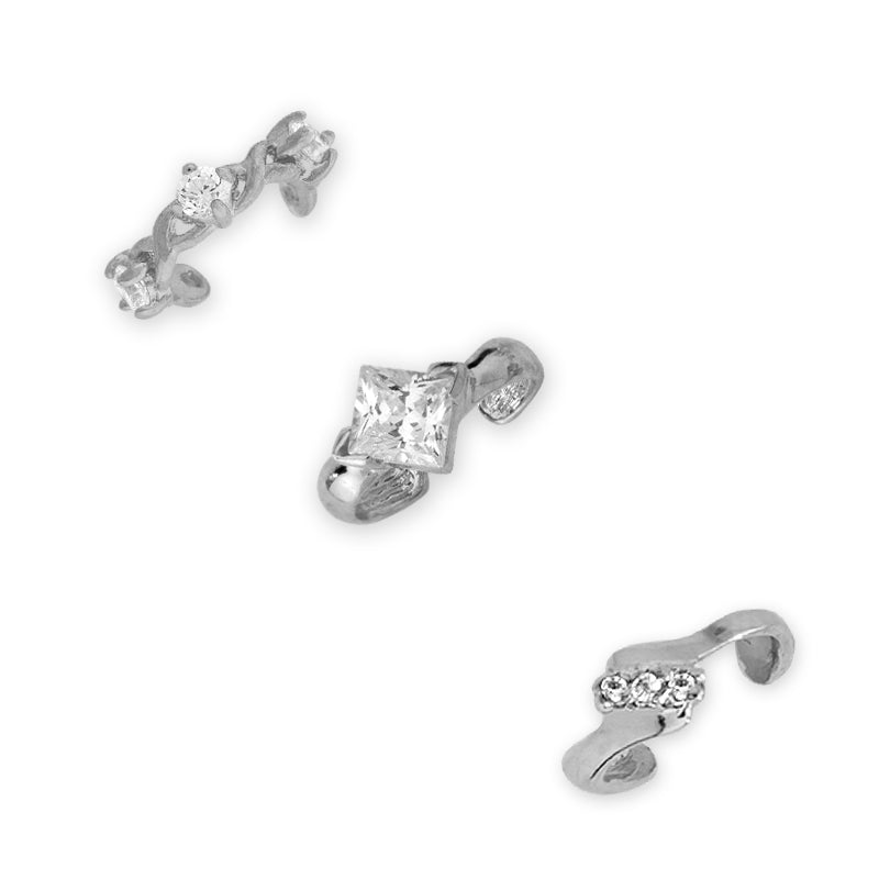 Silver Set of 3 Cubic Zirconias Earcuff Earrings