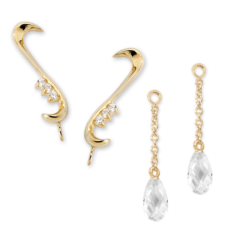 Gold Whisper CZ Ear Pin Earrings w Interchangeable CZ Enhancers