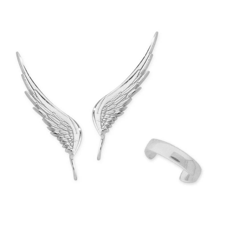 Silver Angel Wing ar Pin Earrings with Polished Earcuff Earring