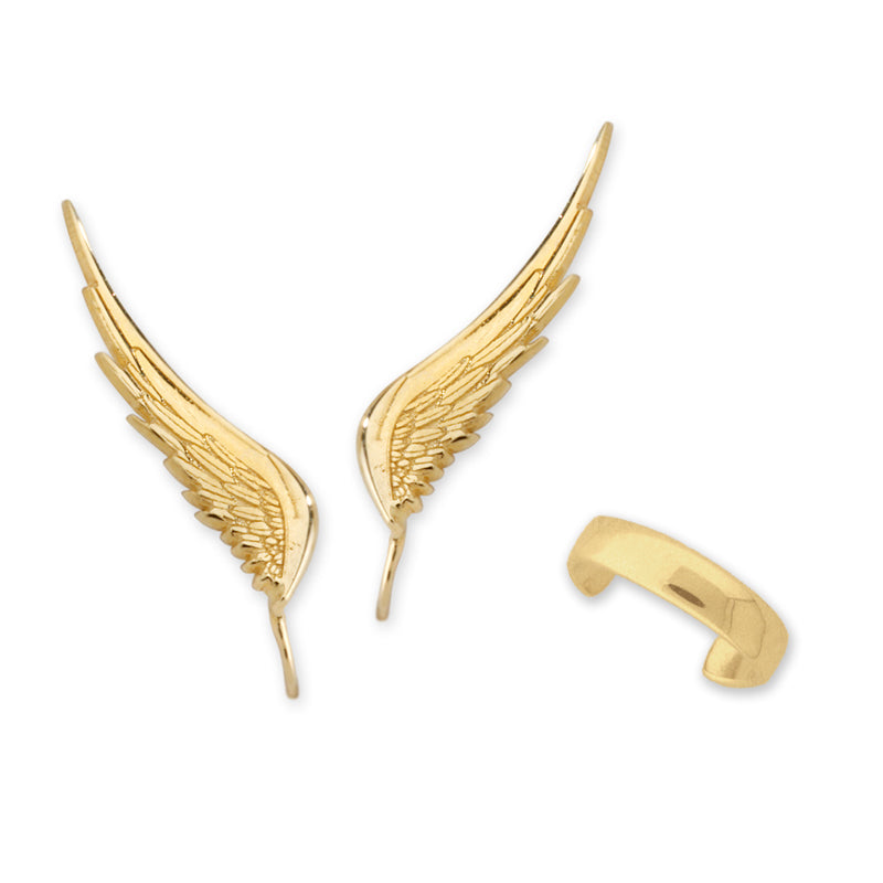 18k Gold over Silver Angel Wing ar Pin Earrings with Polished Earcuff Earring