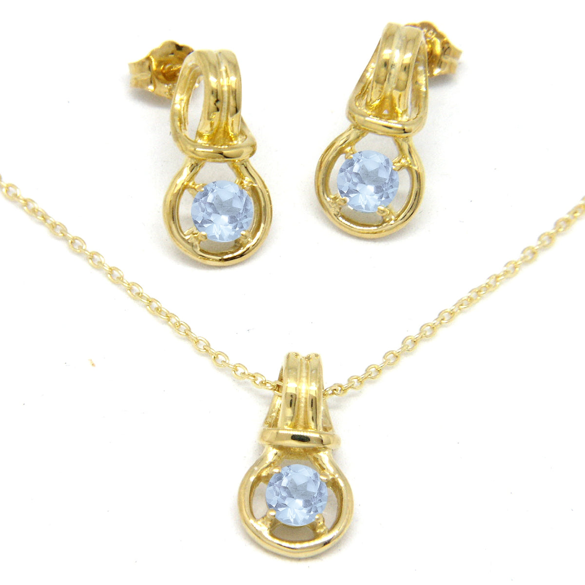 Love Knot Pendant Earring Set 1/3rd Carat Aquamarine March Birthstone 18k Gold Over Silver