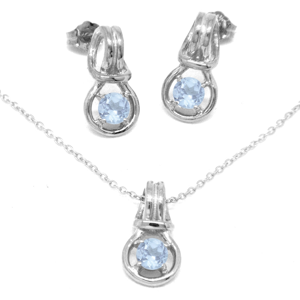 Love Knot Pendant Earring Set 1/3rd Carat Aquamarine March Birthstone 18k Gold Over Silver