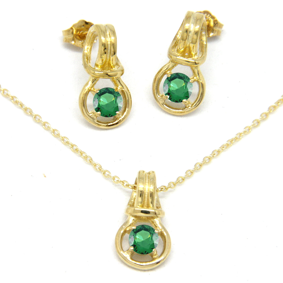 Love Knot Pendant Earring Set 1/3rd Carat Emerald May Birthstone 18k Gold Over Silver