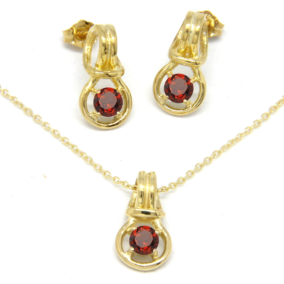 Love Knot Pendant Earring Set 1/3rd Carat Garnet January Birthstone 18k Gold Over Silver
