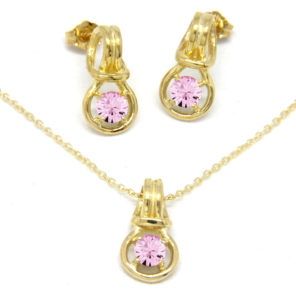 Love Knot Pendant Earring Set 1/3rd Carat Pink Tourmaline October Birthstone 18k Gold Over Silver
