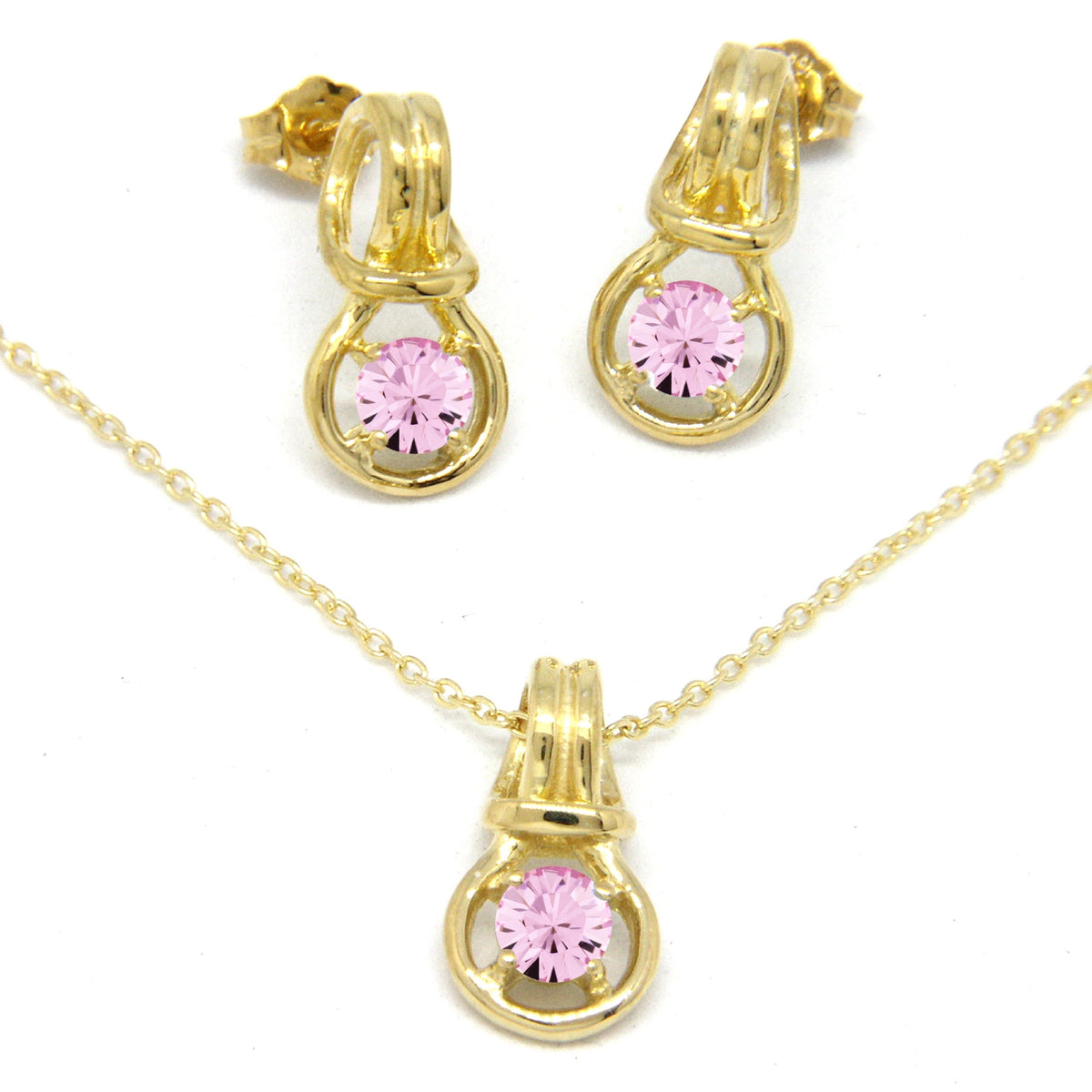 Love Knot Pendant Earring Set 1/3rd Carat Pink Tourmaline October Birthstone 18k Gold Over Silver