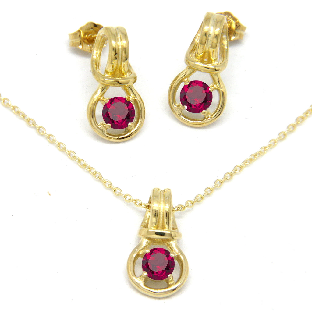 Love Knot Pendant Earring Set 1/3rd Carat  Ruby July Birthstone 18k Gold Over Silver