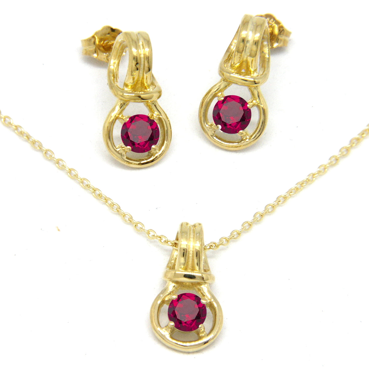 Love Knot Pendant Earring Set 1/3rd Carat  Ruby July Birthstone 18k Gold Over Silver