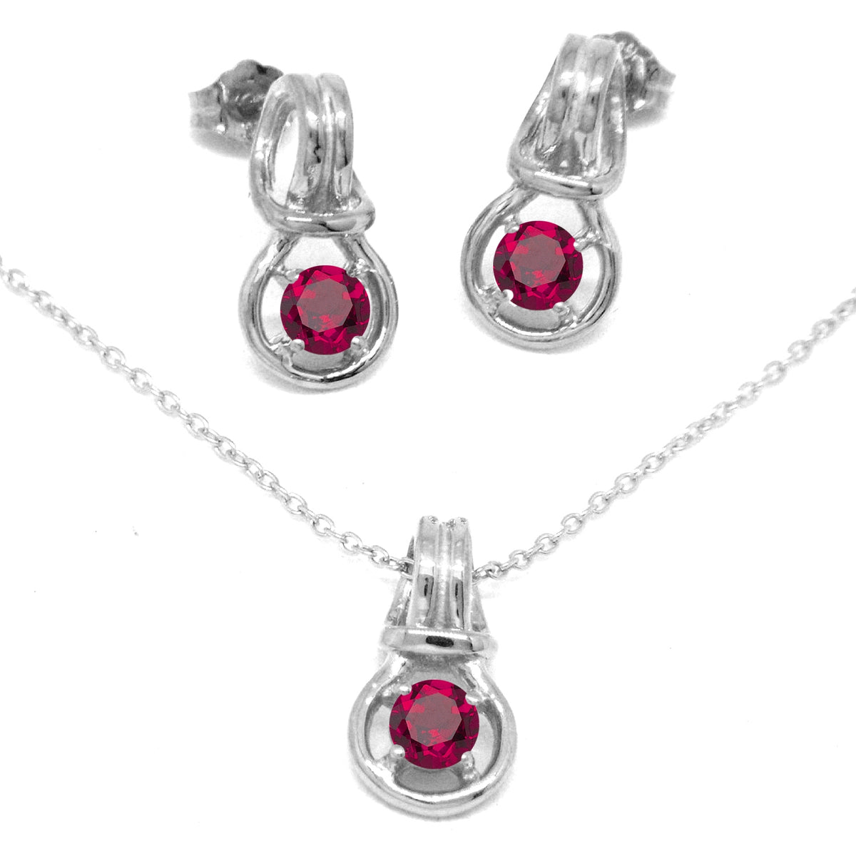 Love Knot Pendant Earring Set 1/3rd Carat  Ruby July Birthstone 18k Gold Over Silver