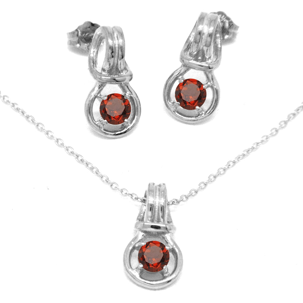 Love Knot Pendant Earring Set 1/3rd Carat Garnet January Birthstone 18k Gold Over Silver