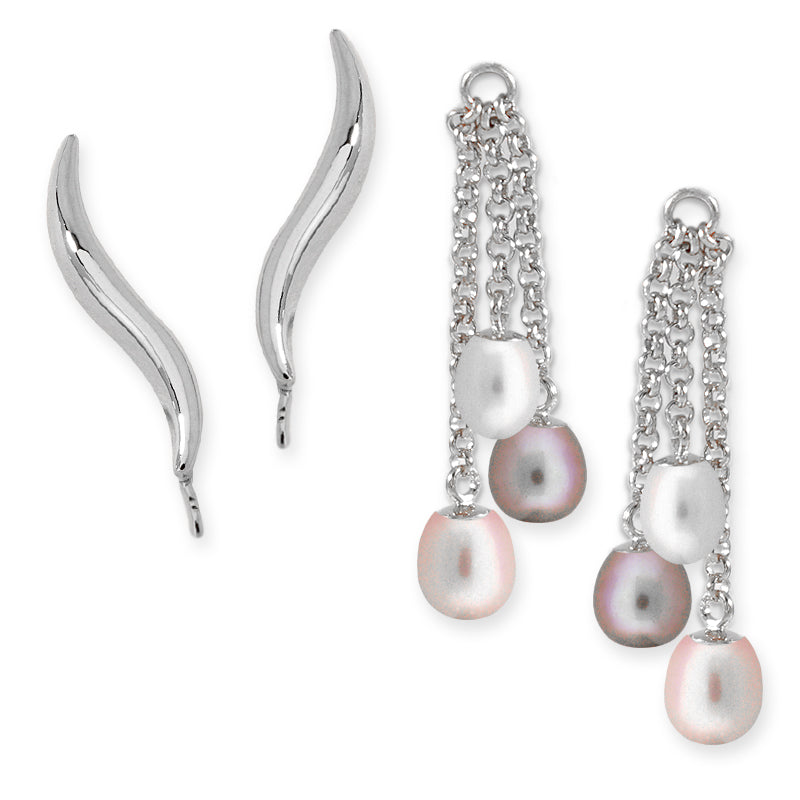 Silver Classic Ear Pin Earrings with Triple Pearl Enhancers